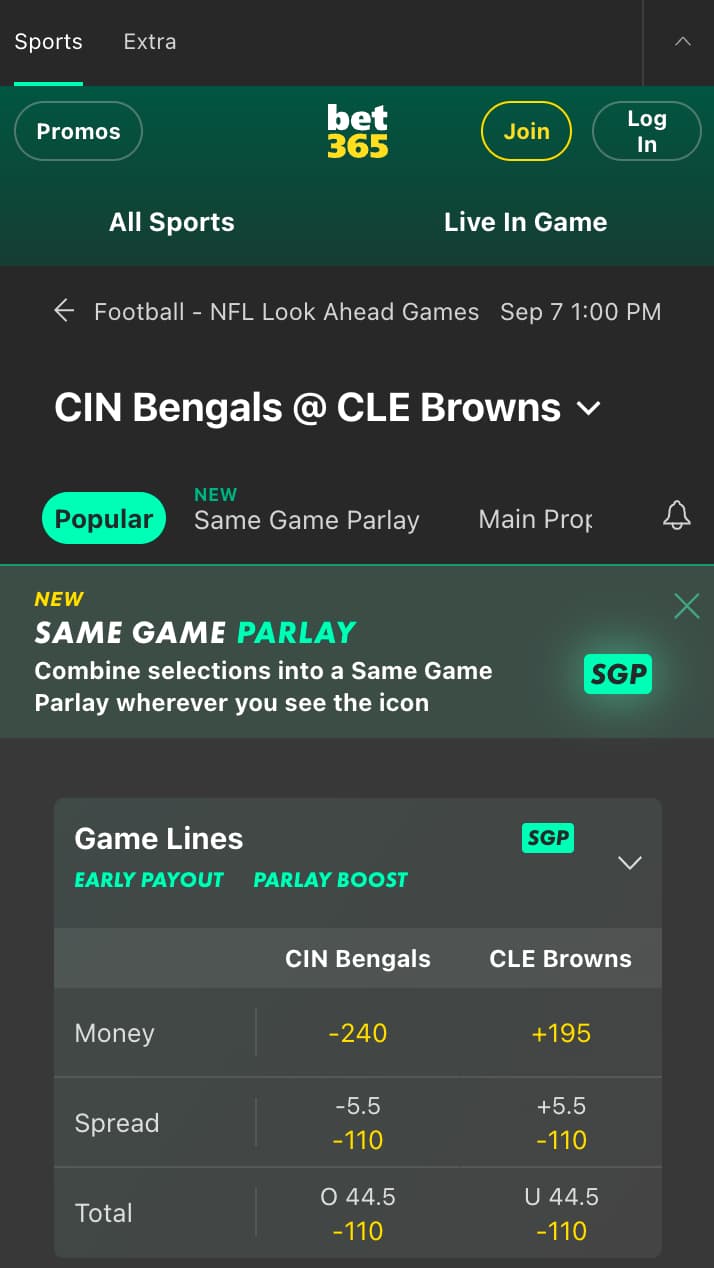 Example of Bet365 odds for the Bengals vs. Browns NFL week 1 game